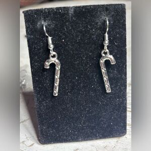 New Christmas Candy Cane Dangle Earrings Silvertone
